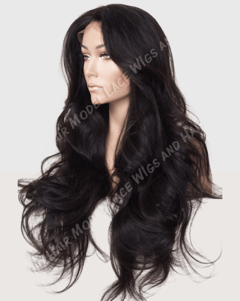 A mannequin head featuring a long, flowing lace wig with rich, dark brunette waves. The hair is styled with a side part, and the soft, voluminous curls fall gracefully, creating a look of timeless elegance and sophistication.