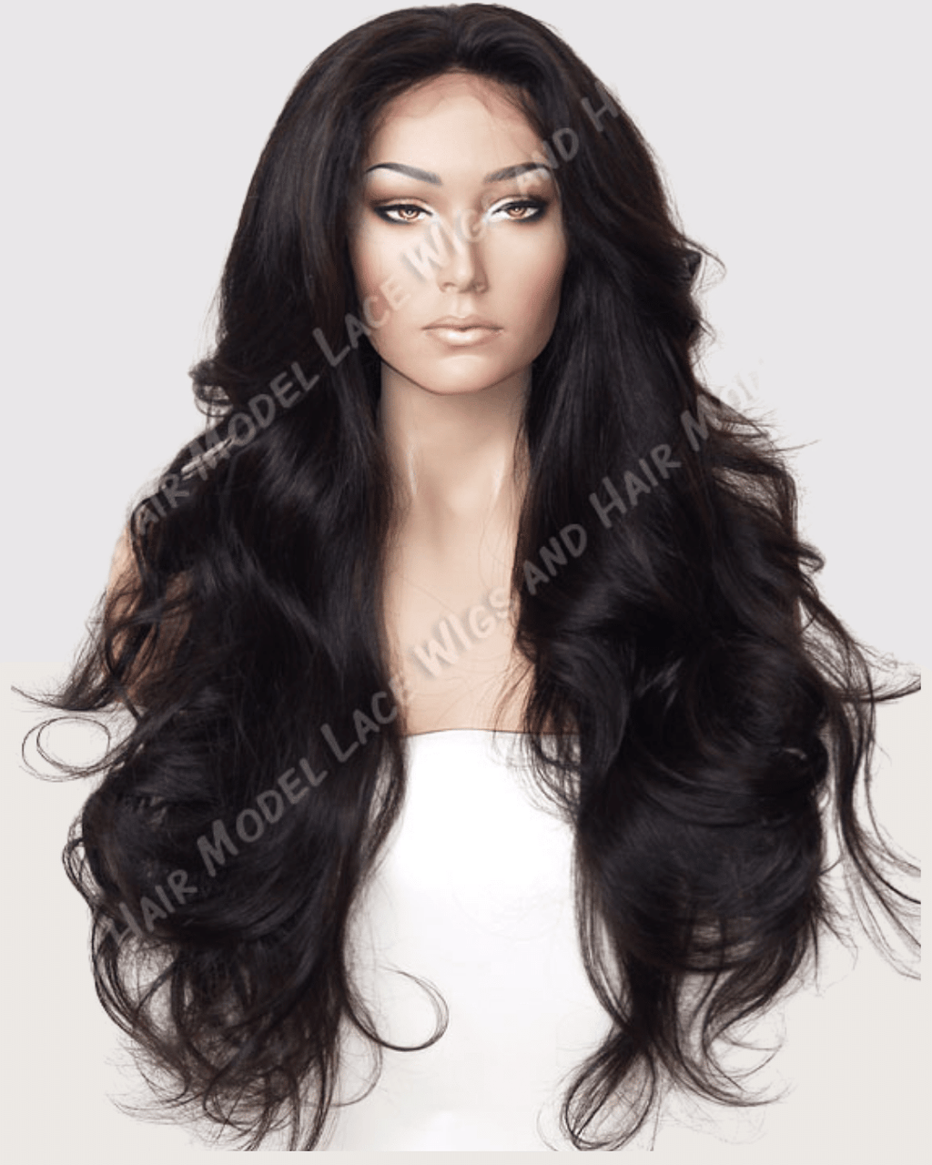 A portrait of a mannequin head wearing a lace front wig with long, black, wavy hair. The wig has a side parting and the waves start from mid-length, flowing down to the ends, creating a natural and voluminous appearance.