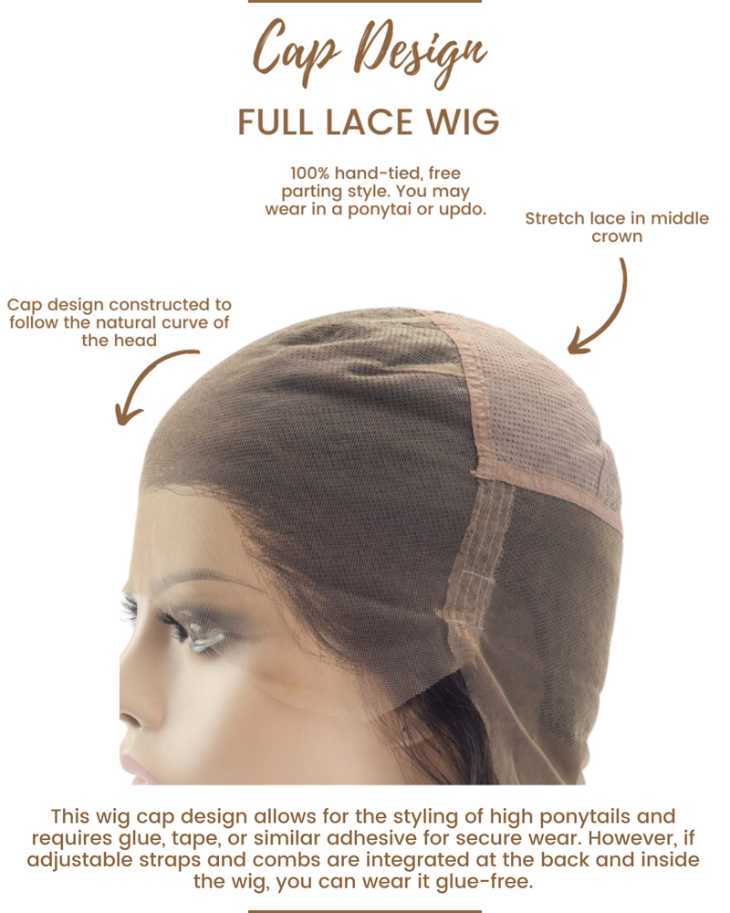 The image displays a mannequin head wearing a full lace wig cap, which is a base for constructing a complete wig. The cap is hand-tied and features a stretch lace in the middle crown area to allow for a comfortable fit and easy styling into ponytails or updos. It is designed to follow the natural curve of a human head for a realistic look. Text accompanying the image explains these features for potential customers or users.