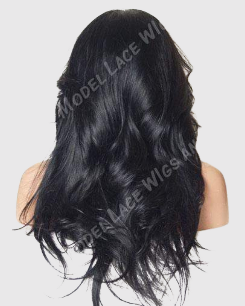 The back view of a lace front wig worn on a mannequin head, showing off long, luxurious black hair with loose waves that flow down past the shoulders. The wig's fullness and texture are visible, and the image is set against a simple, light background to keep the focus on the wig's detail and quality.