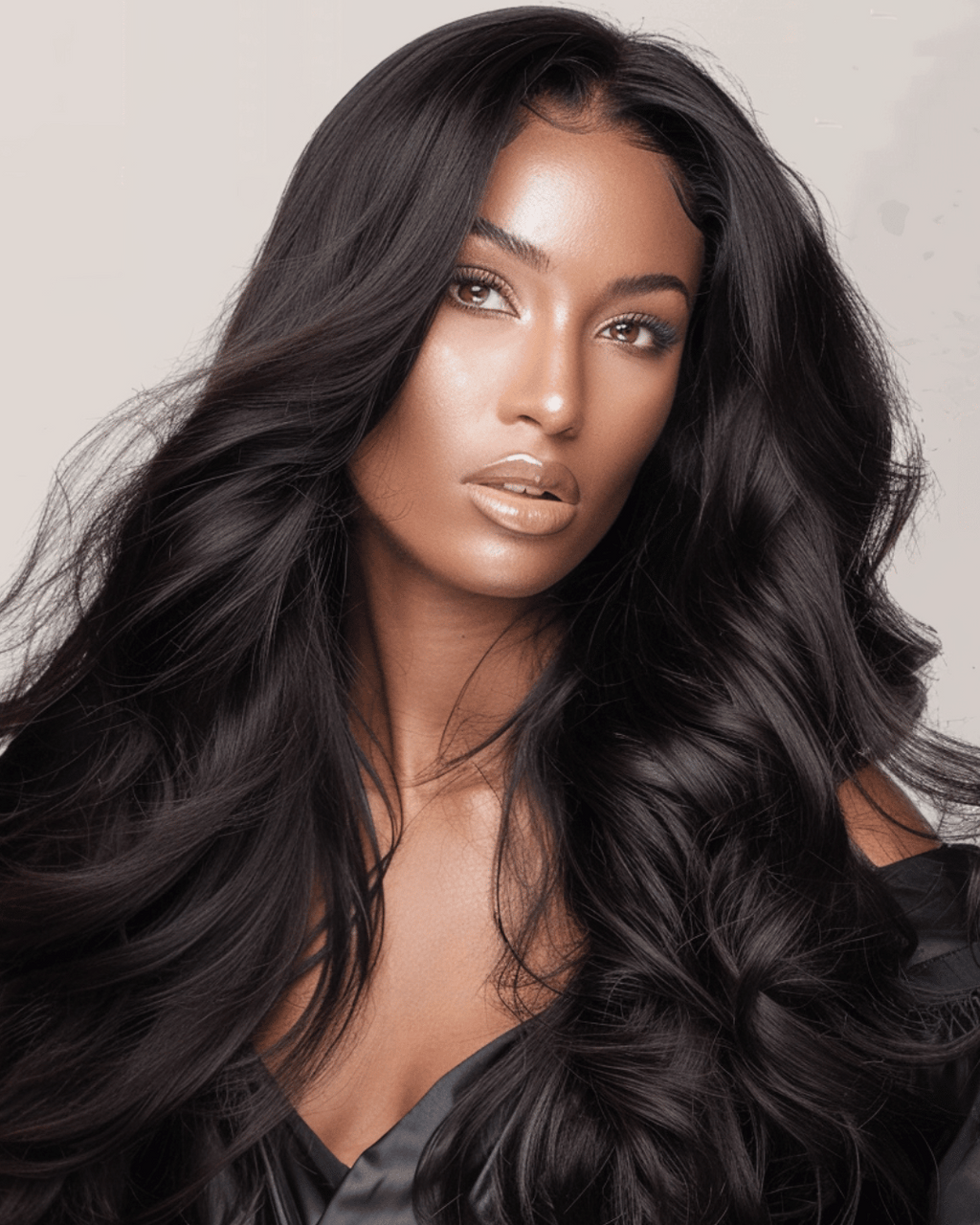 A model with deep skin tone showcasing a luxurious, long, flowing black wig with soft waves. The hair parts in the middle, framing the face elegantly, and the waves add volume and texture, creating a glamorous and sophisticated style