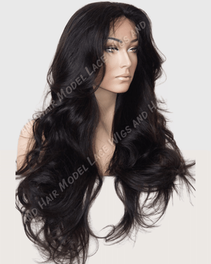 A mannequin head displaying a lace wig with long, luxurious black hair. The wig features a gentle wave, with layers creating volume and movement, and a side part that adds a touch of elegance to the flowing locks.