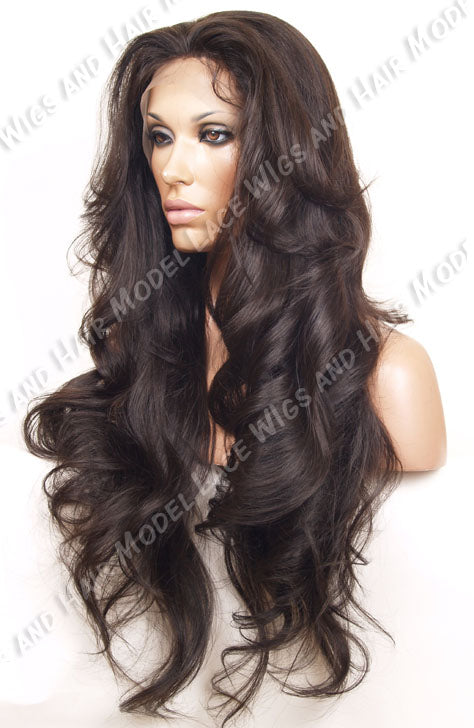 Beautiful long brunette full lace wig featuring long cascasing layers from a side view