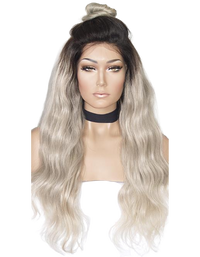Image of 100% Double Drawn Virgin Remy Hair in Ash Blonde with Dark Brown Roots. The hair has a Bodywave texture and is 22 inches long from root to tip, with a density of 150%. The wig is shown on a Full Lace Cap, which allows for a natural and versatile look, with the option to wear it in an updo or ponytail.